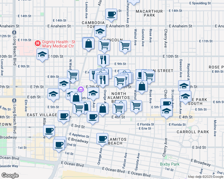map of restaurants, bars, coffee shops, grocery stores, and more near 1215 East 7th Street in Long Beach