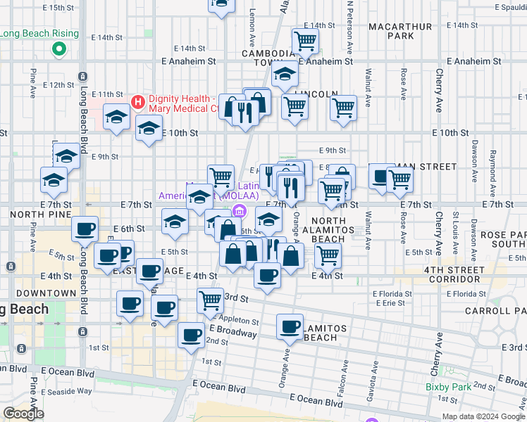 map of restaurants, bars, coffee shops, grocery stores, and more near 1041 East 7th Street in Long Beach