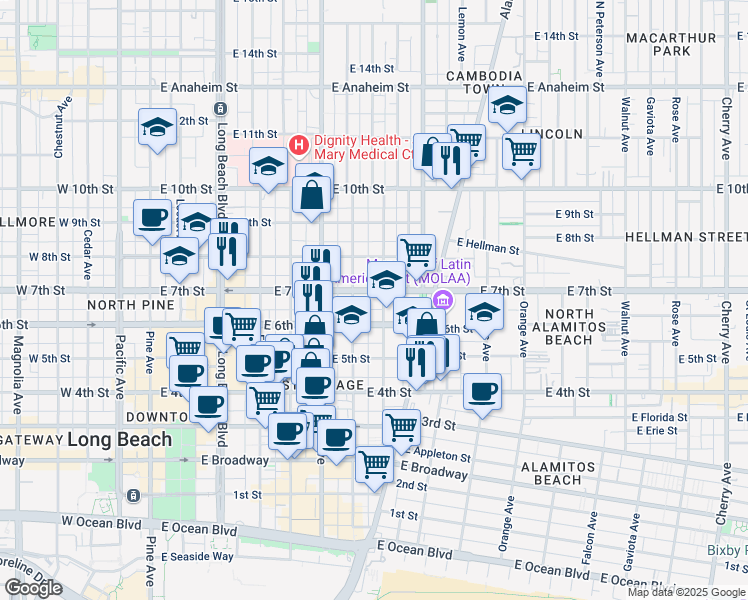 map of restaurants, bars, coffee shops, grocery stores, and more near 707 East 7th Street in Long Beach