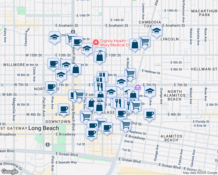 map of restaurants, bars, coffee shops, grocery stores, and more near 707 East 7th Street in Long Beach