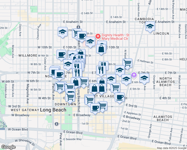 map of restaurants, bars, coffee shops, grocery stores, and more near 701 Linden Avenue in Long Beach