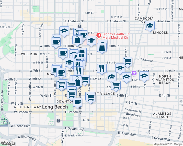 map of restaurants, bars, coffee shops, grocery stores, and more near 357 East 7th Street in Long Beach