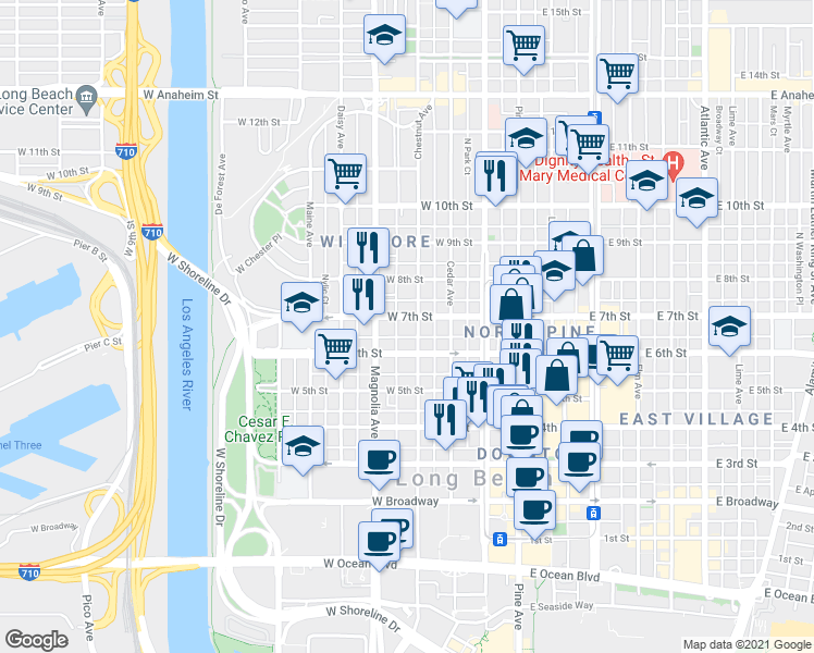 map of restaurants, bars, coffee shops, grocery stores, and more near 403 North Virginia Court in Long Beach