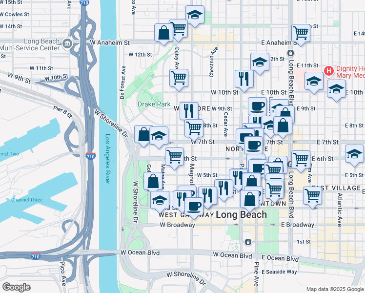 map of restaurants, bars, coffee shops, grocery stores, and more near 519 West 7th Street in Long Beach