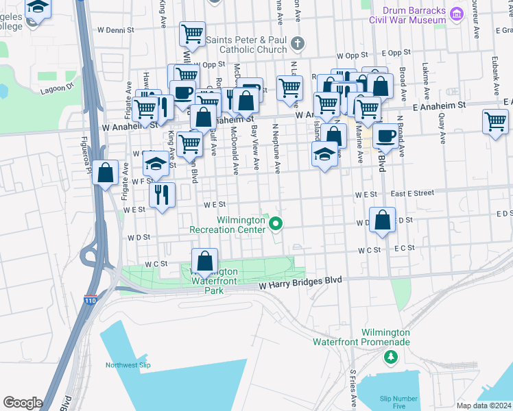 map of restaurants, bars, coffee shops, grocery stores, and more near 713 West E Street in Los Angeles