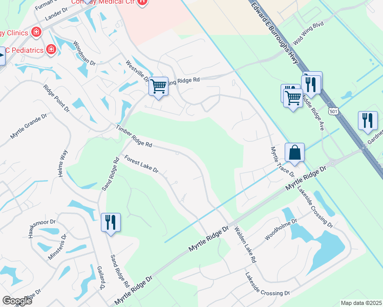 map of restaurants, bars, coffee shops, grocery stores, and more near 8223 Timber Ridge Road in Conway