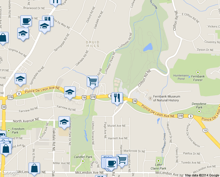 map of restaurants, bars, coffee shops, grocery stores, and more near 1634 Ponce De Leon Avenue Northeast in Atlanta