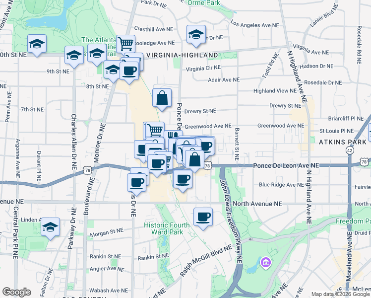 map of restaurants, bars, coffee shops, grocery stores, and more near 744 Saint Charles Avenue Northeast in Atlanta