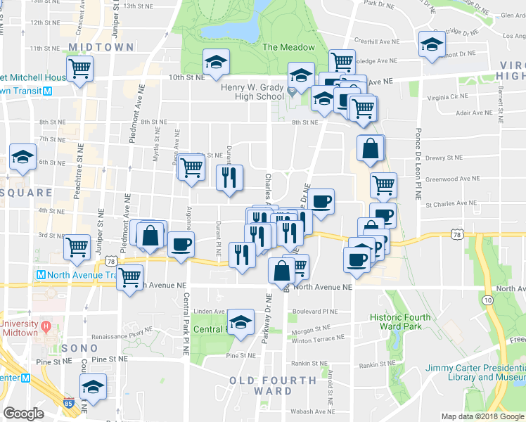 map of restaurants, bars, coffee shops, grocery stores, and more near 748 Charles Allen Drive Northeast in Atlanta