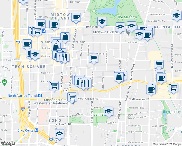 map of restaurants, bars, coffee shops, grocery stores, and more near 764 Argonne Avenue Northeast in Atlanta