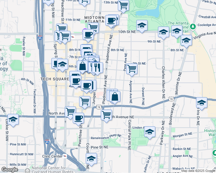 map of restaurants, bars, coffee shops, grocery stores, and more near 751 Piedmont Avenue Northeast in Atlanta