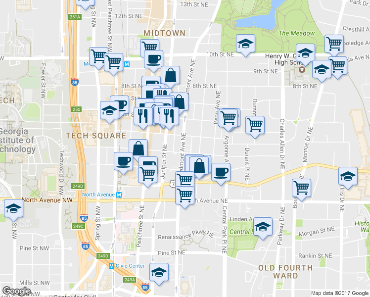 map of restaurants, bars, coffee shops, grocery stores, and more near 761 Piedmont Avenue Northeast in Atlanta