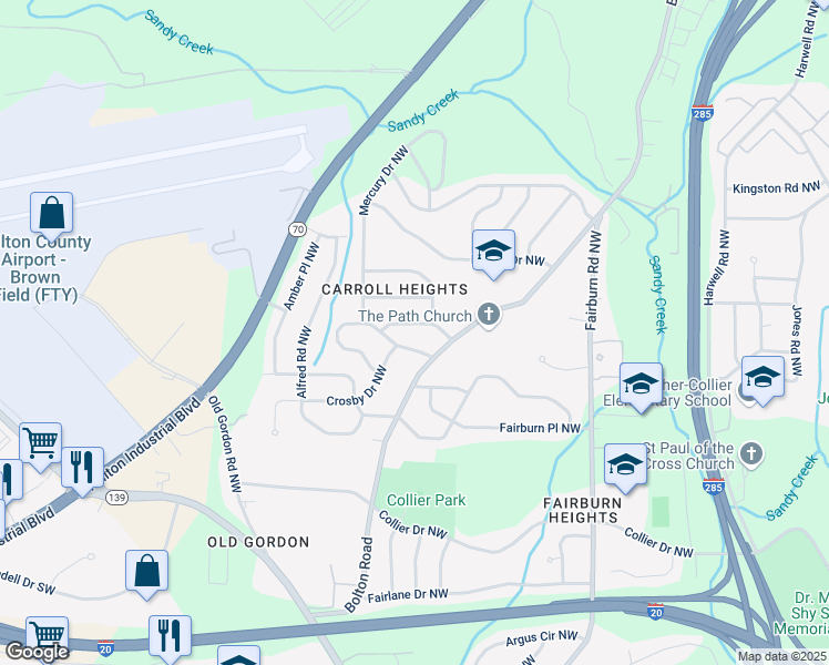 map of restaurants, bars, coffee shops, grocery stores, and more near 3650 Croft Place Northwest in Atlanta