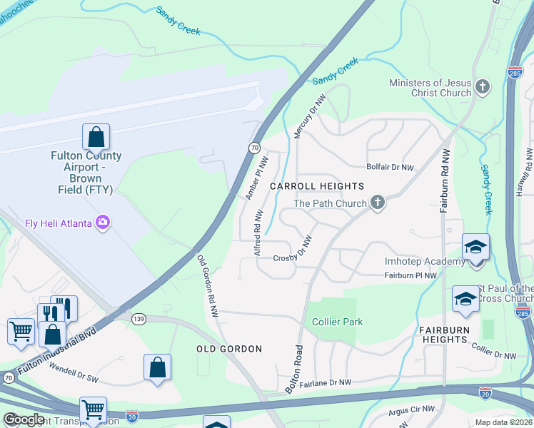 map of restaurants, bars, coffee shops, grocery stores, and more near 766 Alfred Road Northwest in Atlanta