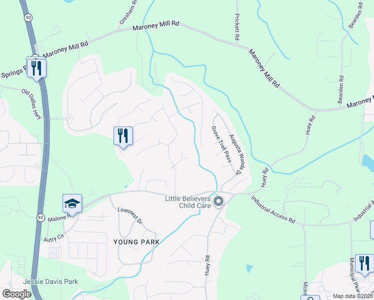 map of restaurants, bars, coffee shops, grocery stores, and more near 6215 Pembroke Way in Douglasville