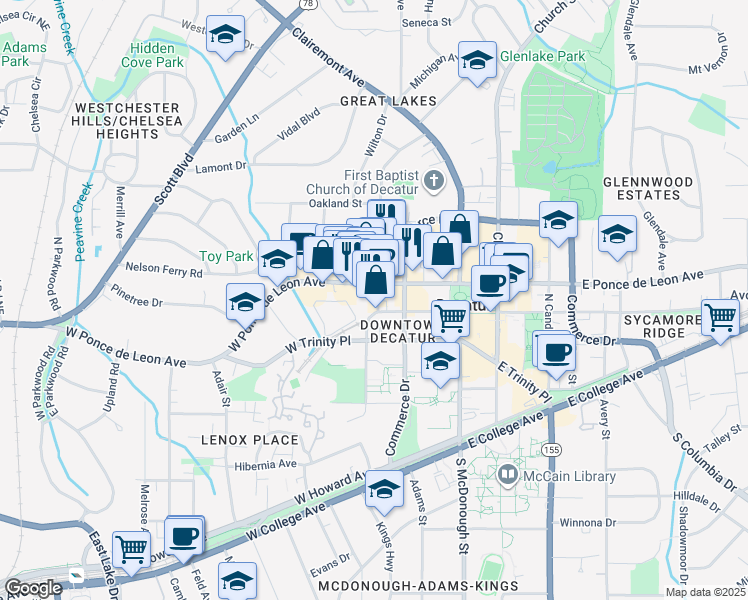 map of restaurants, bars, coffee shops, grocery stores, and more near 177 Ponce De Leon Place in Decatur