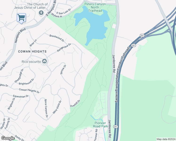 map of restaurants, bars, coffee shops, grocery stores, and more near 9911 Overhill Drive in Santa Ana