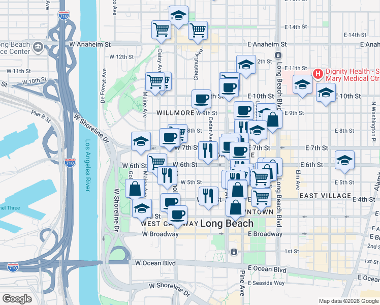 map of restaurants, bars, coffee shops, grocery stores, and more near 645 Chestnut Avenue in Long Beach