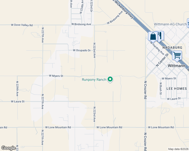 map of restaurants, bars, coffee shops, grocery stores, and more near 32201 North 223rd Avenue in Wittmann