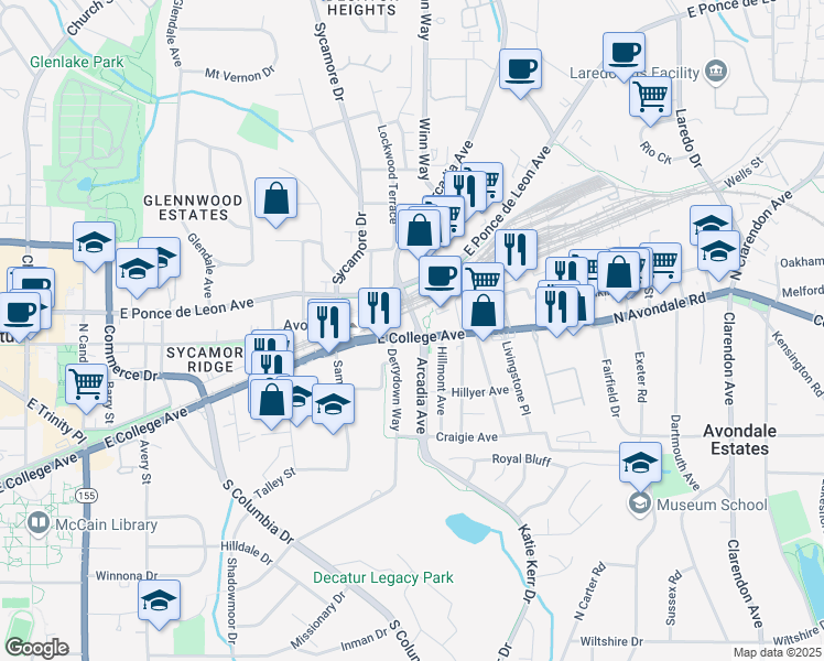 map of restaurants, bars, coffee shops, grocery stores, and more near 2680 East College Avenue in Decatur