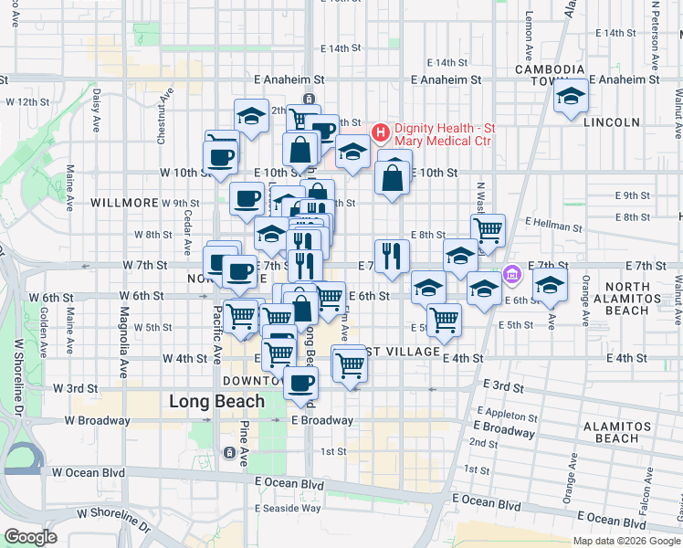 map of restaurants, bars, coffee shops, grocery stores, and more near 643 Elm Avenue in Long Beach