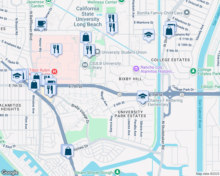 map of restaurants, bars, coffee shops, grocery stores, and more near 6236 Riviera Circle in Long Beach