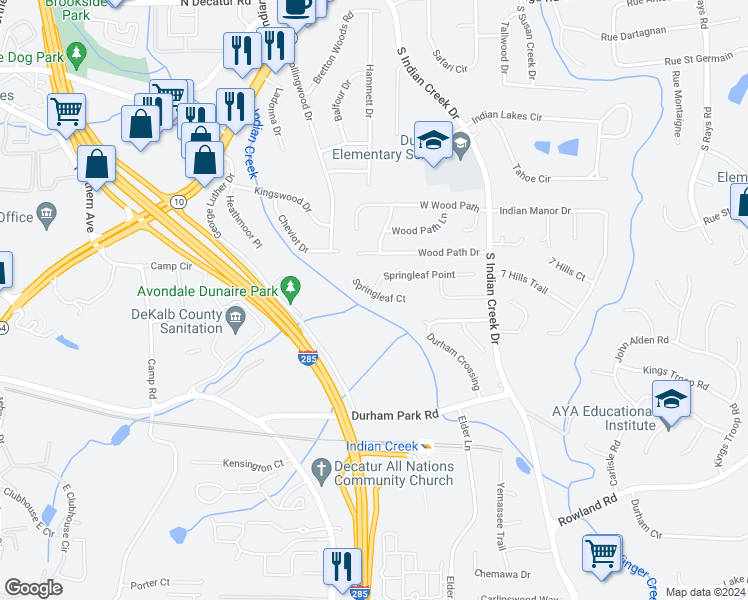 map of restaurants, bars, coffee shops, grocery stores, and more near 3865 Springleaf Court in Stone Mountain