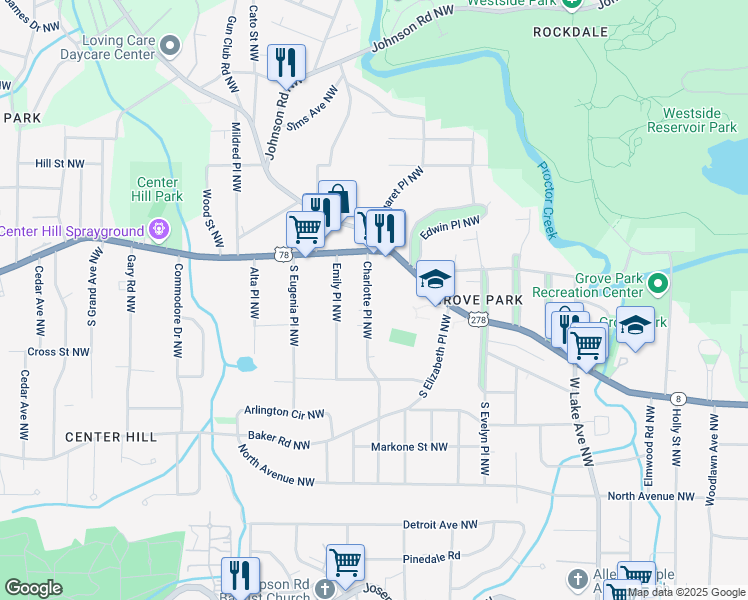 map of restaurants, bars, coffee shops, grocery stores, and more near 727 Charlotte Place Northwest in Atlanta