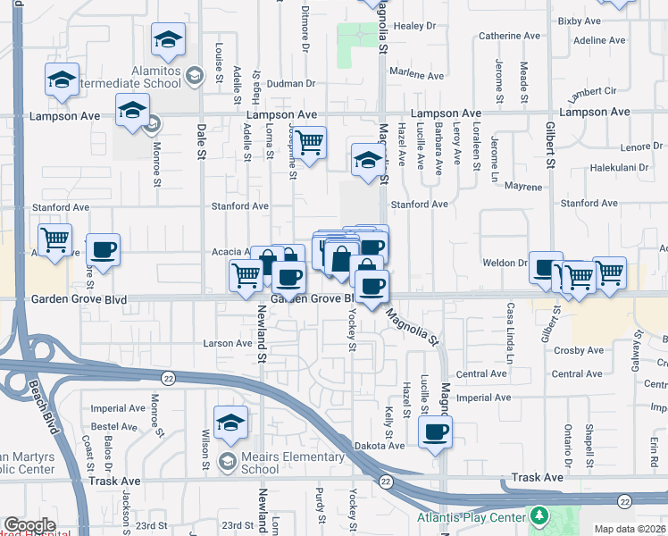 map of restaurants, bars, coffee shops, grocery stores, and more near 8831 Anthony Avenue in Garden Grove