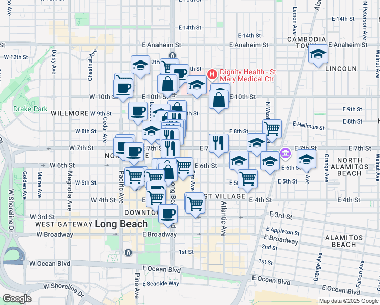 map of restaurants, bars, coffee shops, grocery stores, and more near 643 Elm Avenue in Long Beach