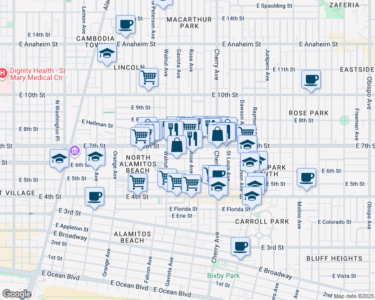 map of restaurants, bars, coffee shops, grocery stores, and more near 1730 East 7th Street in Long Beach
