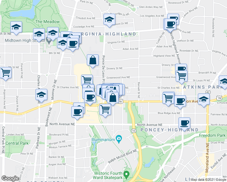 map of restaurants, bars, coffee shops, grocery stores, and more near 765 Saint Charles Avenue Northeast in Atlanta