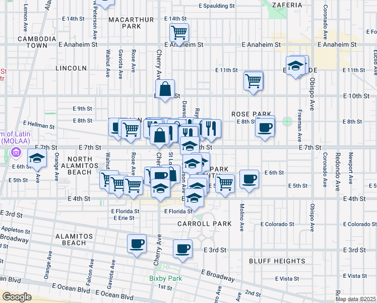 map of restaurants, bars, coffee shops, grocery stores, and more near 2212 East 7th Street in Long Beach