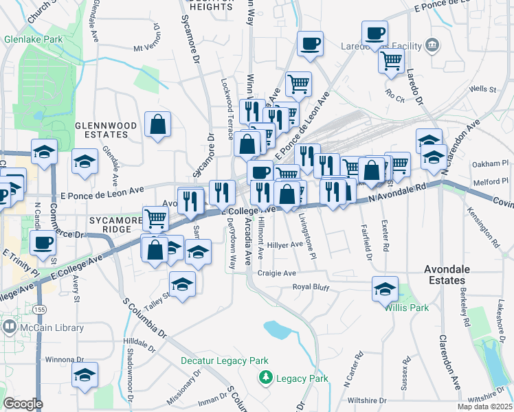 map of restaurants, bars, coffee shops, grocery stores, and more near 2700 East College Avenue in Decatur