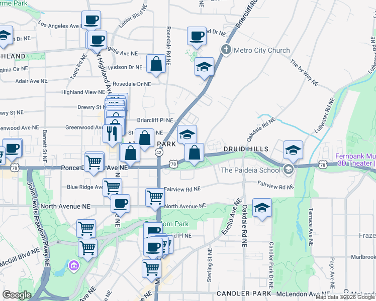 map of restaurants, bars, coffee shops, grocery stores, and more near 1250 Ponce De Leon Avenue Northeast in Atlanta