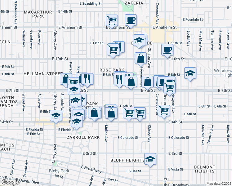 map of restaurants, bars, coffee shops, grocery stores, and more near in Long Beach