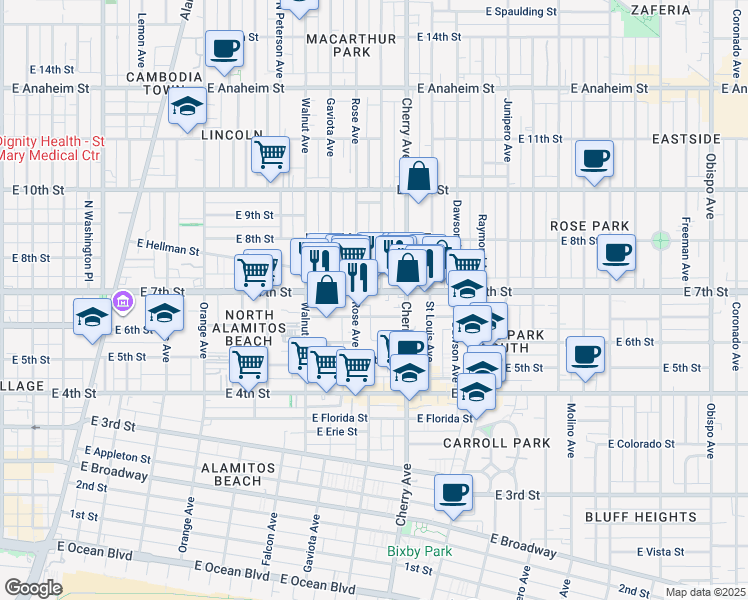 map of restaurants, bars, coffee shops, grocery stores, and more near 1838 East 7th Street in Long Beach