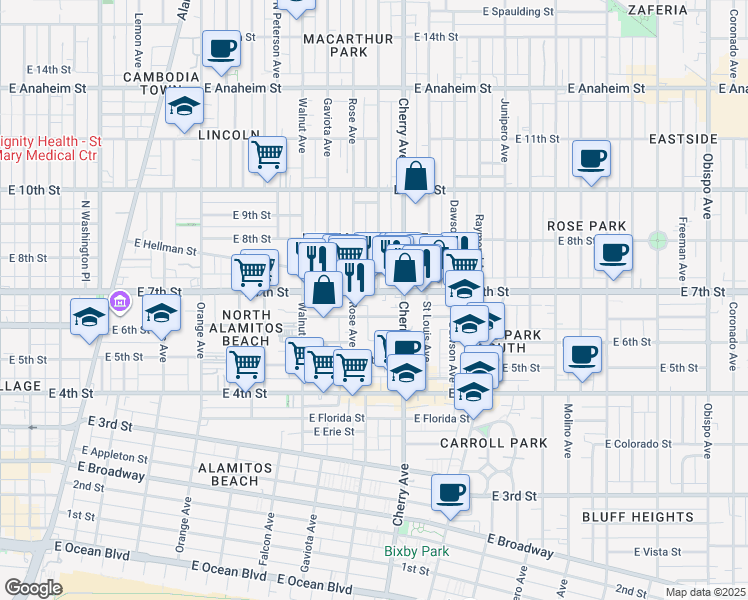 map of restaurants, bars, coffee shops, grocery stores, and more near 1838 East 7th Street in Long Beach