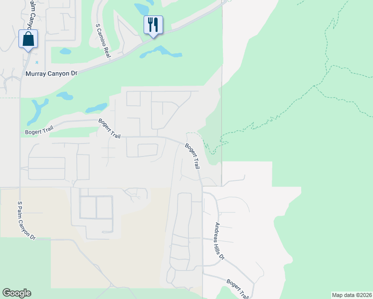 map of restaurants, bars, coffee shops, grocery stores, and more near 1451 Bogert Trail in Palm Springs