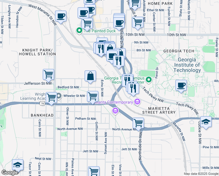 map of restaurants, bars, coffee shops, grocery stores, and more near 694 Jefferson Street Northwest in Atlanta