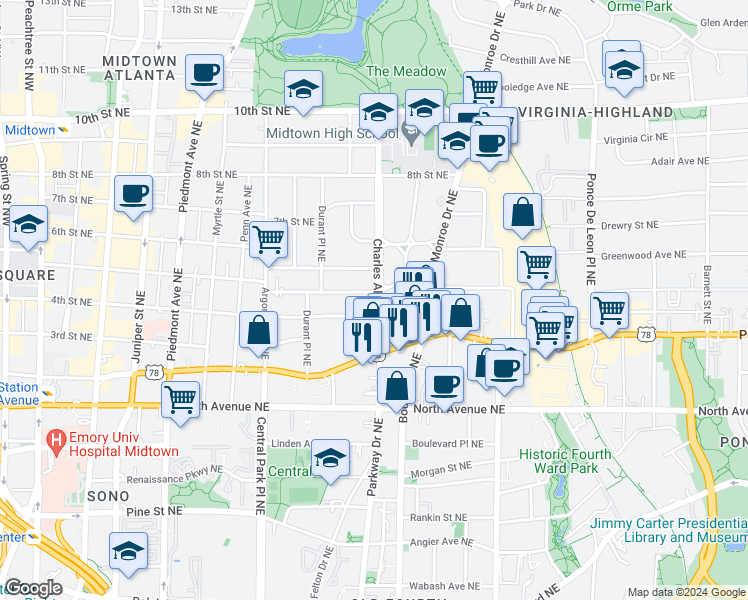 map of restaurants, bars, coffee shops, grocery stores, and more near 748 Charles Allen Drive Northeast in Atlanta
