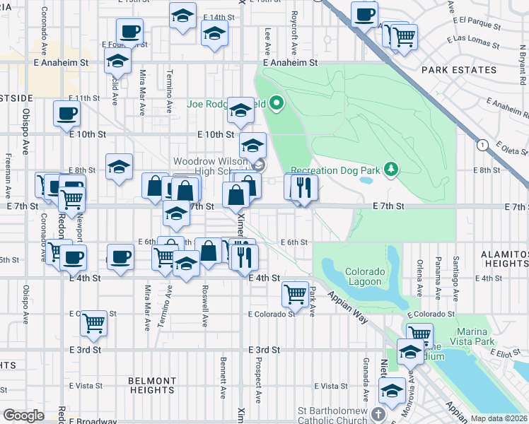 map of restaurants, bars, coffee shops, grocery stores, and more near 4540 East 7th Street in Long Beach