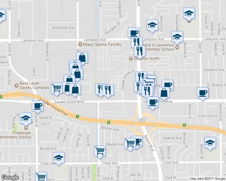 map of restaurants, bars, coffee shops, grocery stores, and more near 12746 Rosebrook Way in Stanton