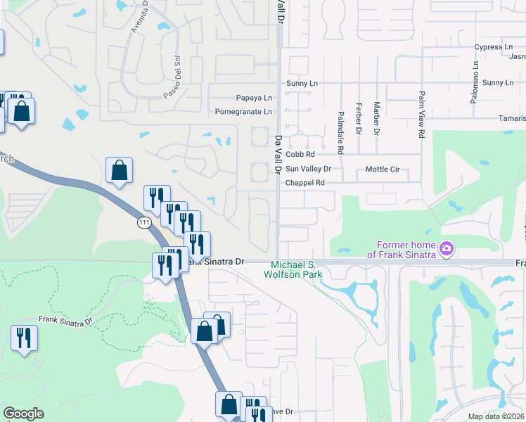 map of restaurants, bars, coffee shops, grocery stores, and more near 69940 Los Cocos Court in Rancho Mirage
