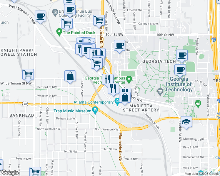 map of restaurants, bars, coffee shops, grocery stores, and more near 827 Marietta Street NorthWest in Atlanta