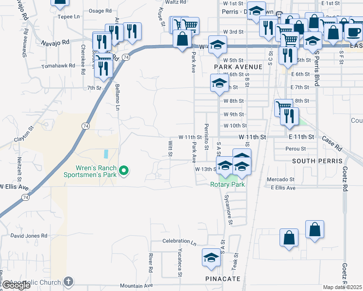 map of restaurants, bars, coffee shops, grocery stores, and more near 595 West 11th Street in Perris