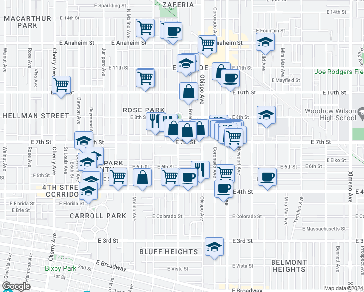 map of restaurants, bars, coffee shops, grocery stores, and more near 3012 East 7th Street in Long Beach
