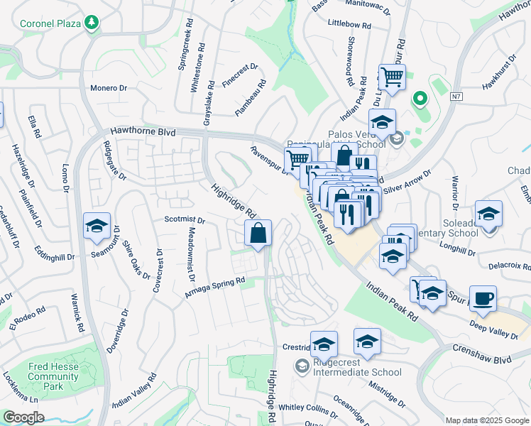 map of restaurants, bars, coffee shops, grocery stores, and more near 28220 Highridge Road in Palos Verdes Peninsula