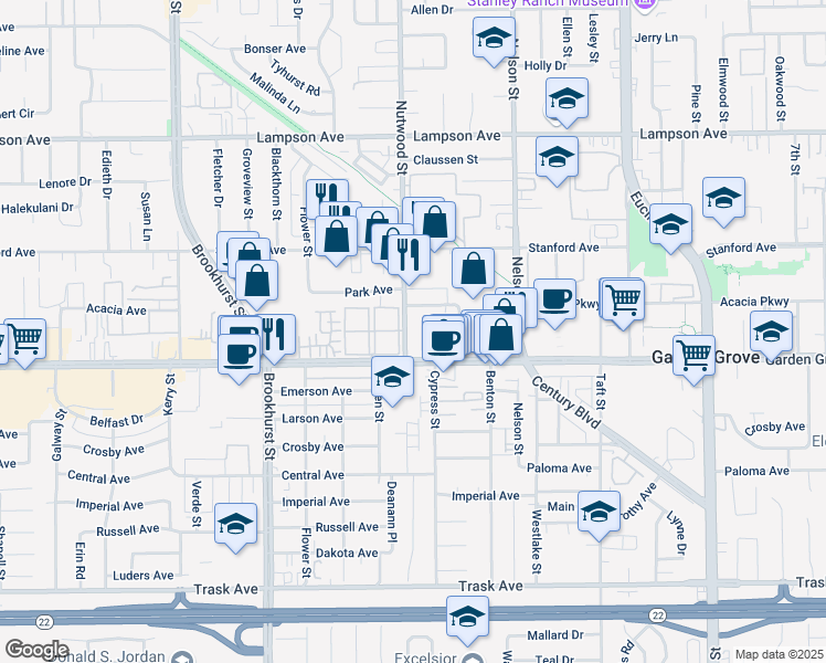 map of restaurants, bars, coffee shops, grocery stores, and more near 10511 Garden Grove Boulevard in Garden Grove