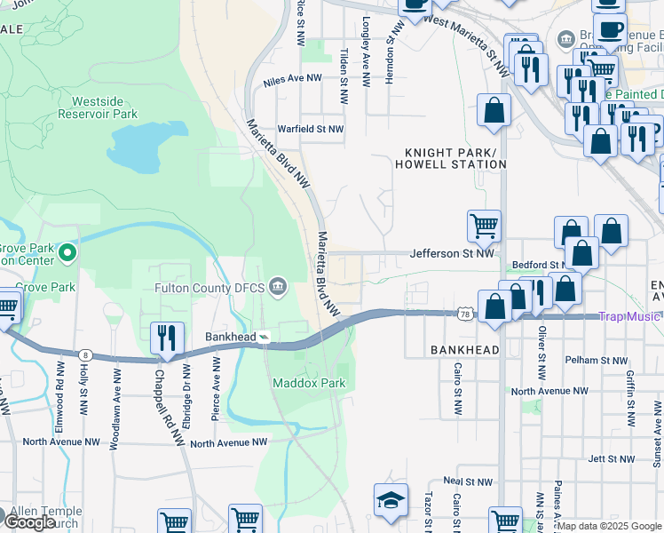 map of restaurants, bars, coffee shops, grocery stores, and more near 743 Rice Street Northwest in Atlanta